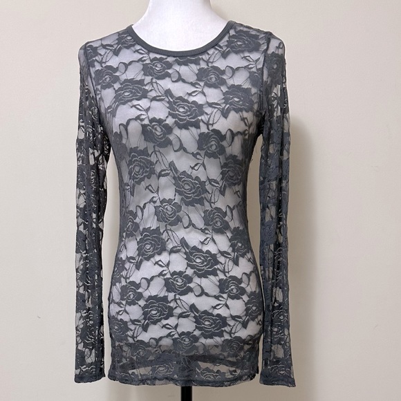 Color Story Sexy Sheer Gray Lace Roses Stretch Top Long Sleeves Pullover Top S/M - Picture 13 of 15